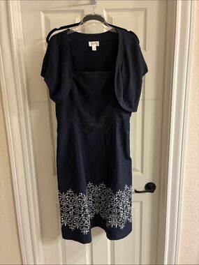 LOFT Navy Midi Dress with White Embroidered Hem
